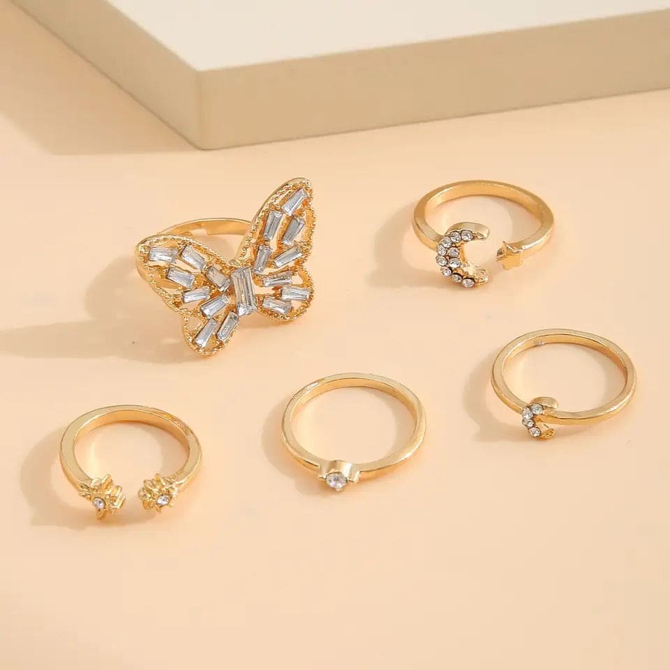 Set Of 5 Alloy Butterfly Star Moon Set Open Rings, Crystal Star Moon Butterfly Knuckle Finger Ring Set, Cartoon Moon Finger Rings Star Heart Jewellery Set Of 5 Alloy Butterfly Star Moon Set Open Rings, Crystal Star Moon Butterfly Knuckle Finger Ring Set, Cartoon Moon Finger Rings Star Heart Jewellery